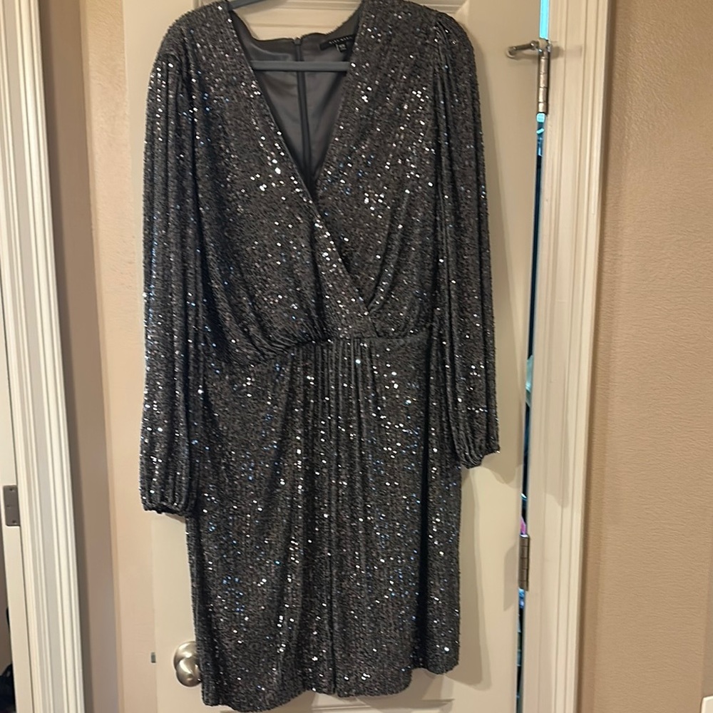 Gray Sequin Wrap Gown with Bishop Sleeves